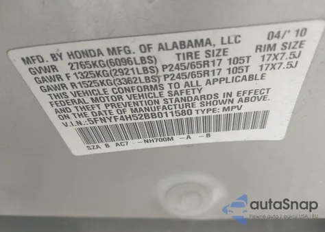 2011 Honda Pilot Ex-L из США, поврежденный, VIN 5FNYF4H52BB011580